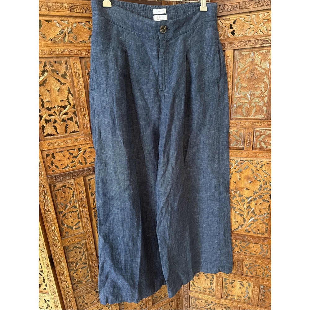 H by Halston Blue 100% Linen Wide Leg Pants Womens Sz 10 Pleated Pockets - Picture 1 of 9